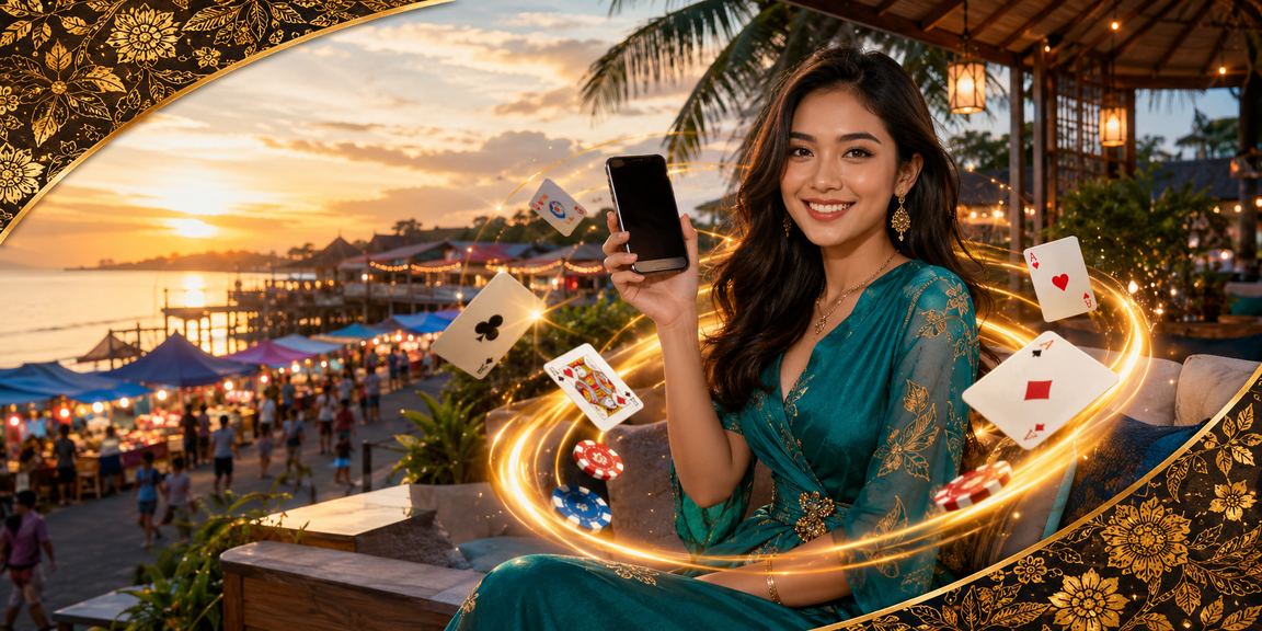 Player joining a card game against a Malaysian batik backdrop